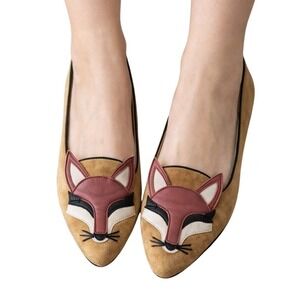 Wonder Fox Face Suede and Leathe Women's Tan Pointed Toe Slip On Loafers